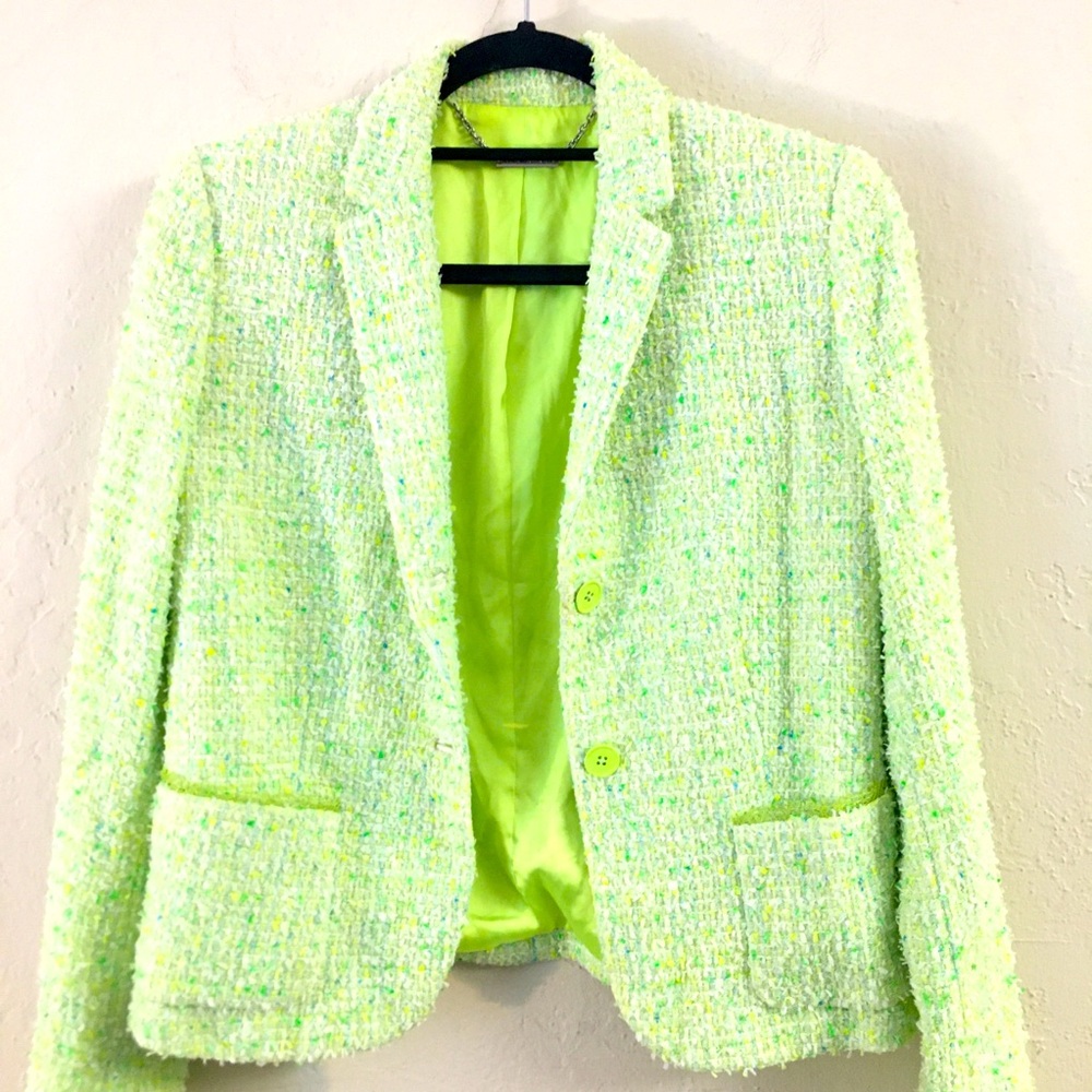 Ellie Tahari Tweed Blazer Size 6 Green Professional Work Wear Business Casual